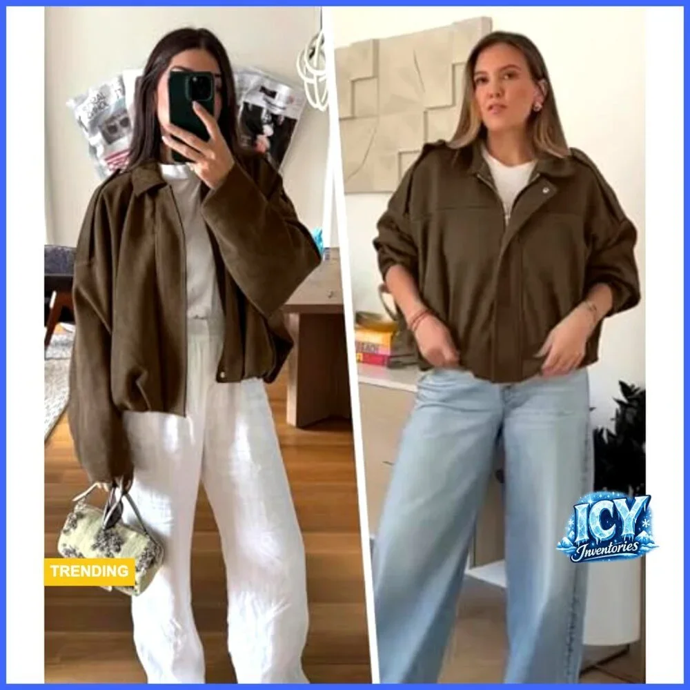 Faux Suede Bomber Jacket Cropped Oversized Lapel Pilot Coat Casual Outerwear - Picture 4 of 7
